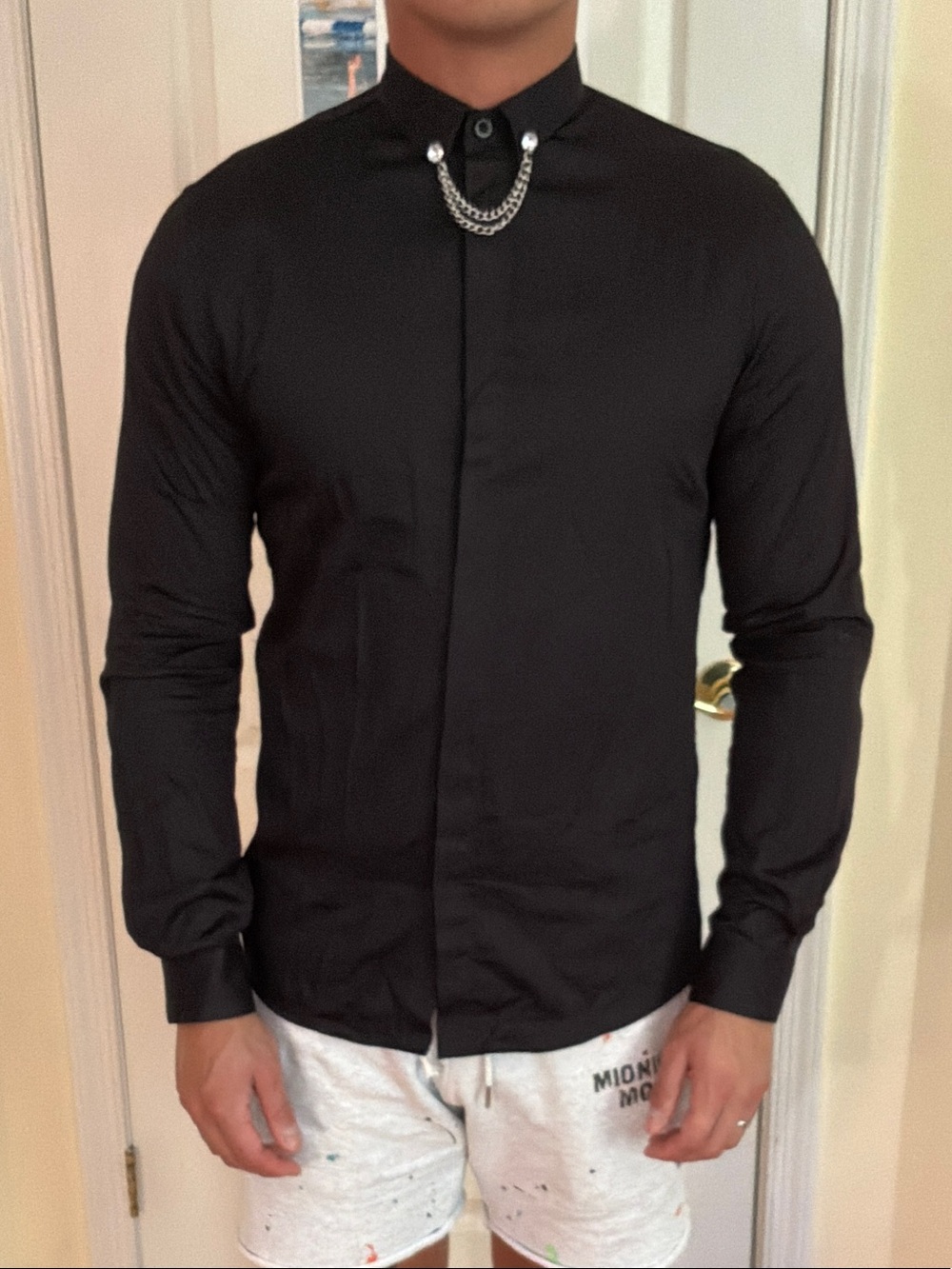 Twisted Tailor x August McGregor Slim Fit Black Dress Shirt Silver Collar Chain